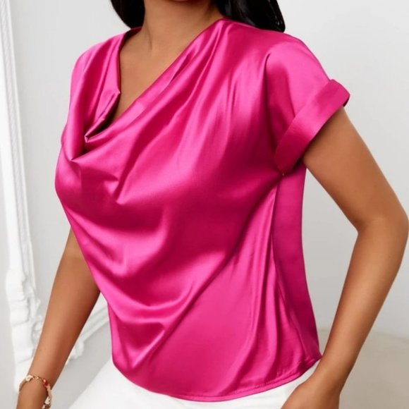 Satin draped Cowl Neck Blouse Top pink - Picture 2 of 5